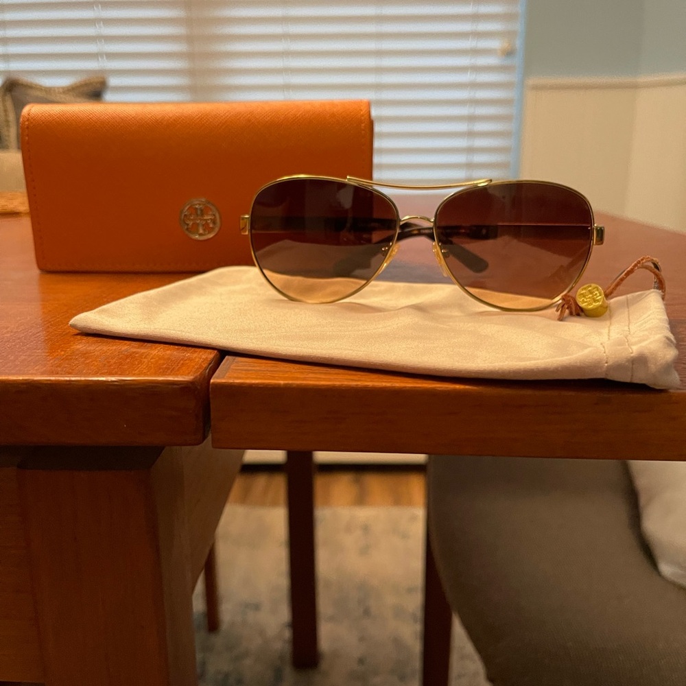 Tory Burch Gold Aviator Sunglasses with Brown Lenses